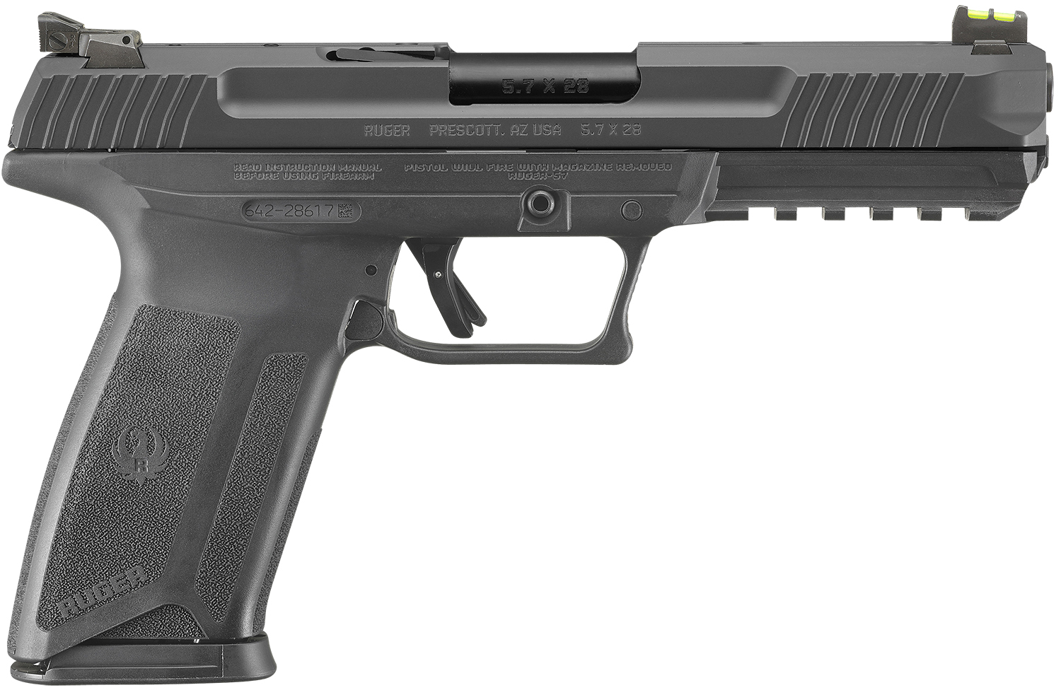 Ruger 16403 Ruger-5.7 Pro 5.7x28mm 20+1 4.94" Black Nitride Alloy Steel Barrel, Black Oxide Optic Cut/Serrated Steel Slide, Black Polymer Frame w/Picatinny Rail, Black Polymer Grip, Right Hand