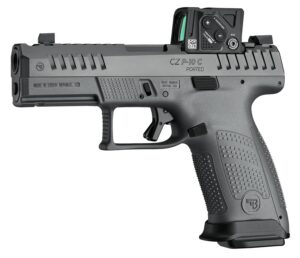 CZ-USA 91582 P-10 C Compact 9mm Luger 15+1 4" Black Nitride Integral Compensator Barrel, Black Nitride Steel Serrated w/Optic Slide, Black Polymer Frame w/Accessory Rail Textured Grip, Aimpoint COA 3