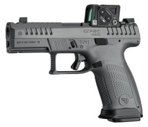 CZ-USA 01582 P-10 C w/Optic Compact Frame 9mm Luger 10+1 4" Black Nitride Integral Compensator Barrel, Black Nitride Steel Serrated w/Optic Slide, Black Polymer Frame w/Accessory Rail Textured Grip, A
