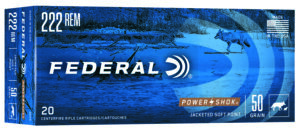 Federal 222A Power-Shok  222Rem 50gr Jacketed Soft Point 20 Per Box/10 Case